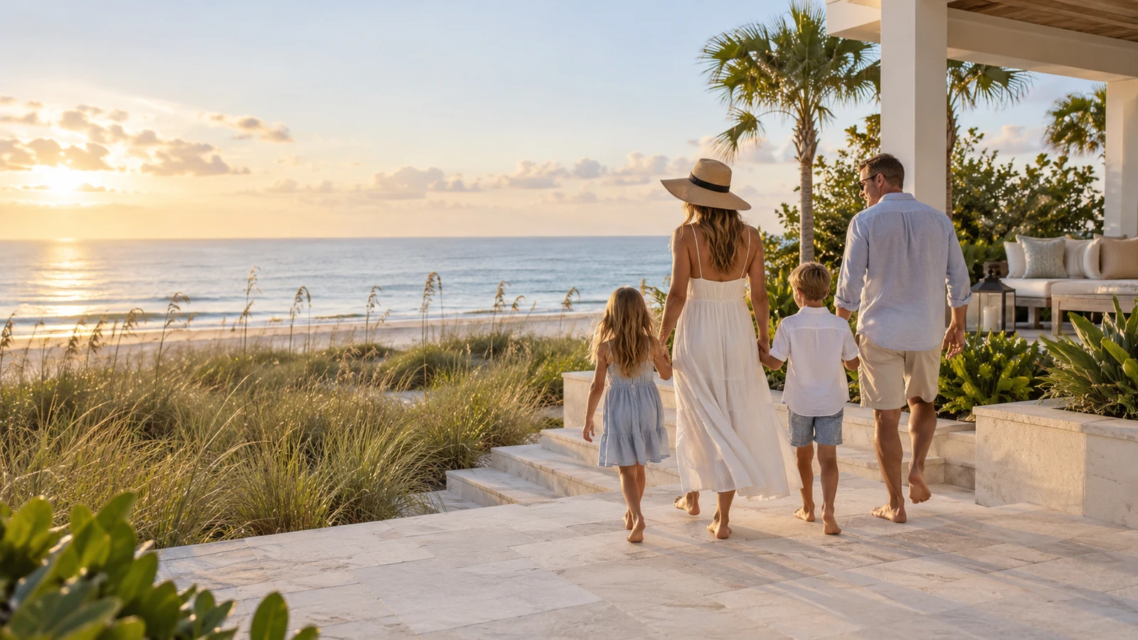 Family arriving at an elegant Florida coastal retreat