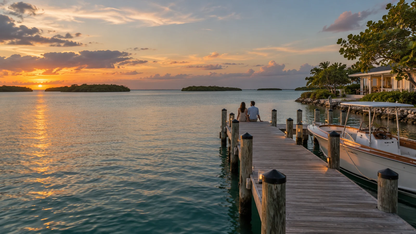 Florida Keys dock, boat and low-rise waterside retreat at sunset