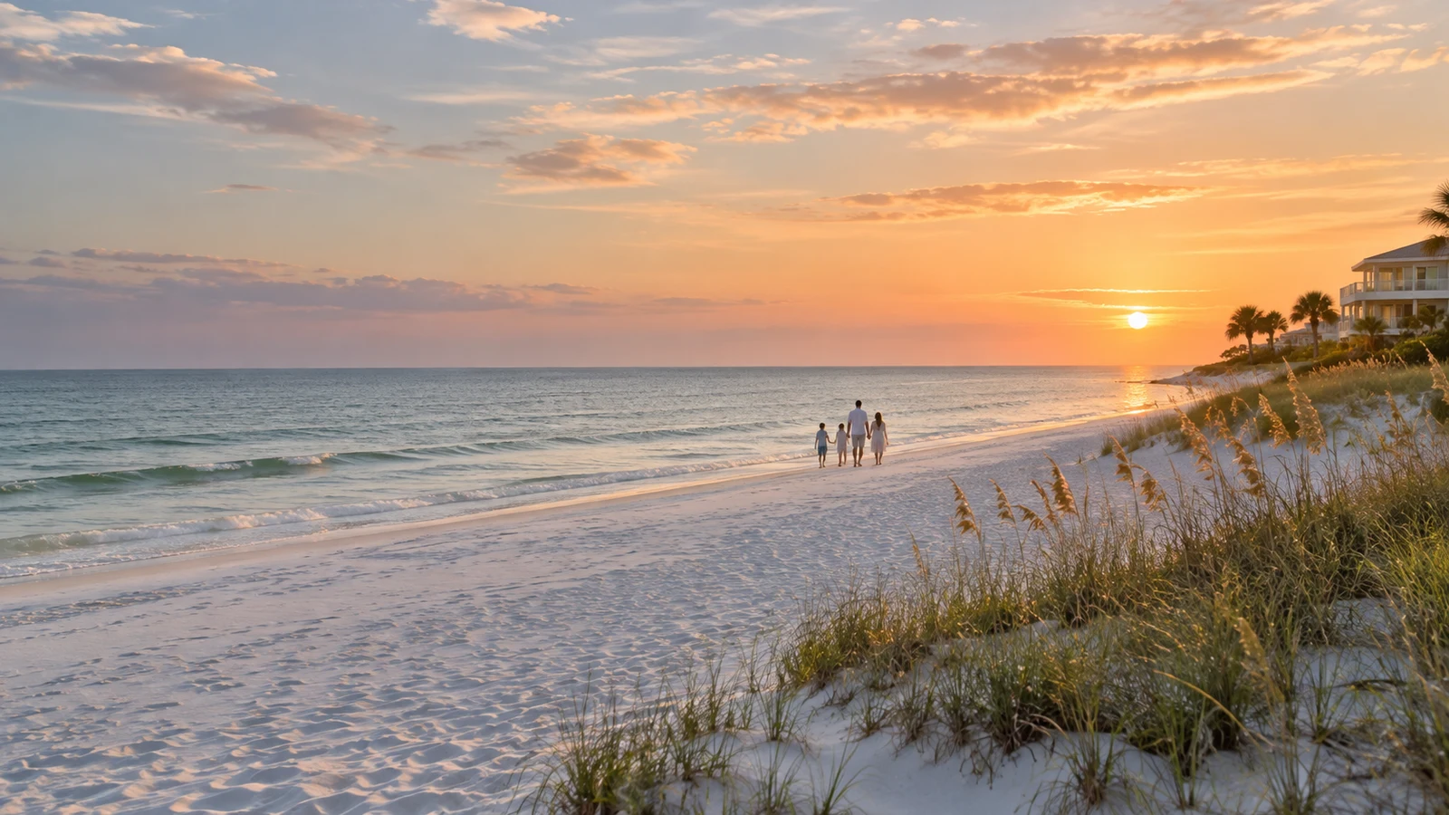 Family walking beside a quiet Florida Gulf Coast beach at sunset