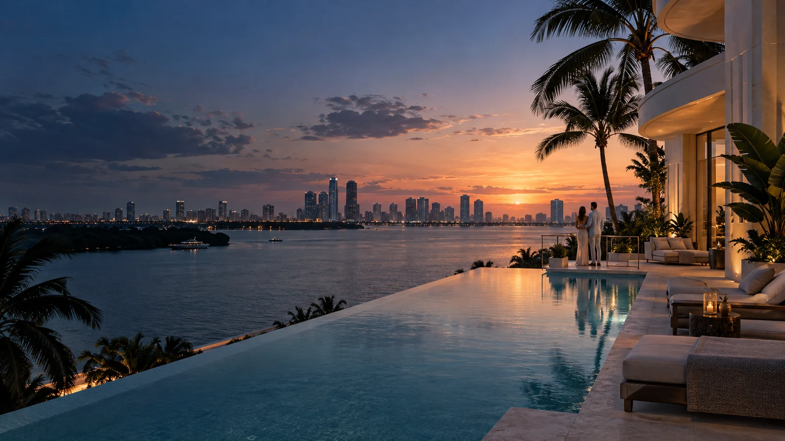 Design-led South Florida pool terrace overlooking the city at sunset