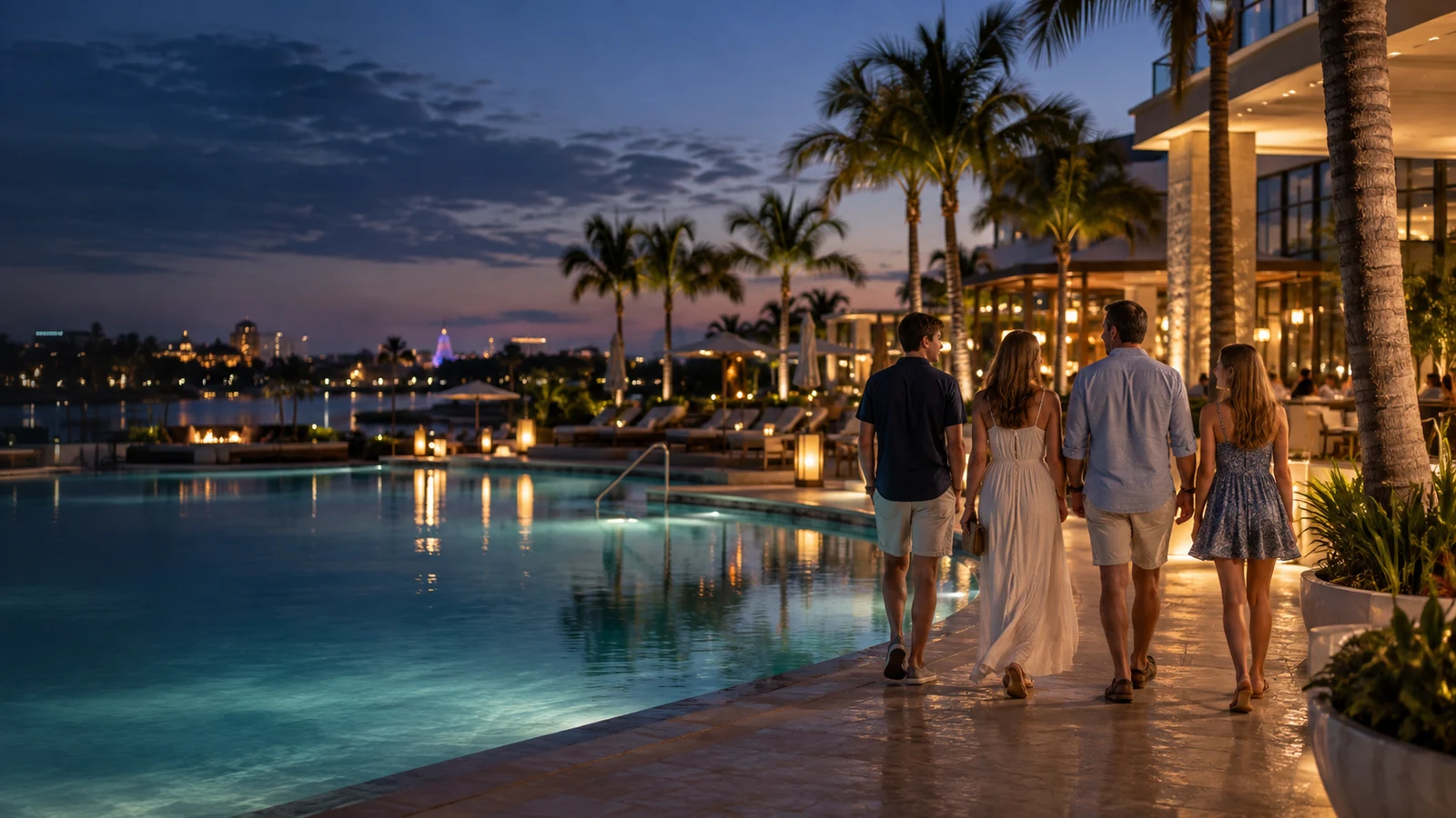 Family with teenagers walking beside an Orlando resort pool at dusk