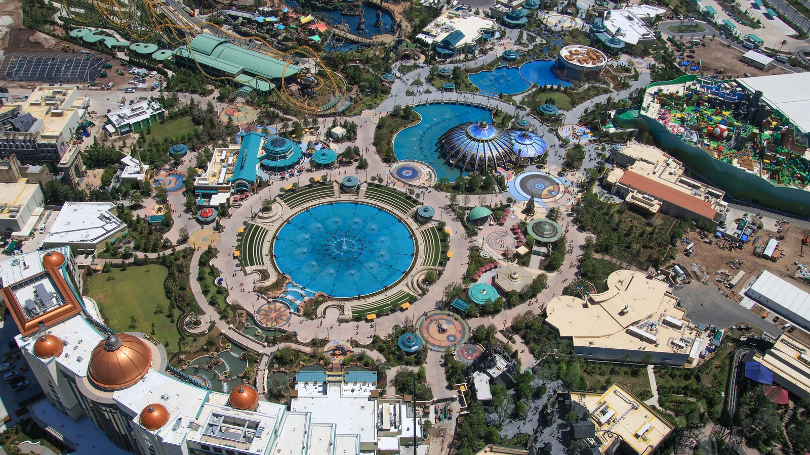 Aerial view across Celestial Park at Universal Epic Universe