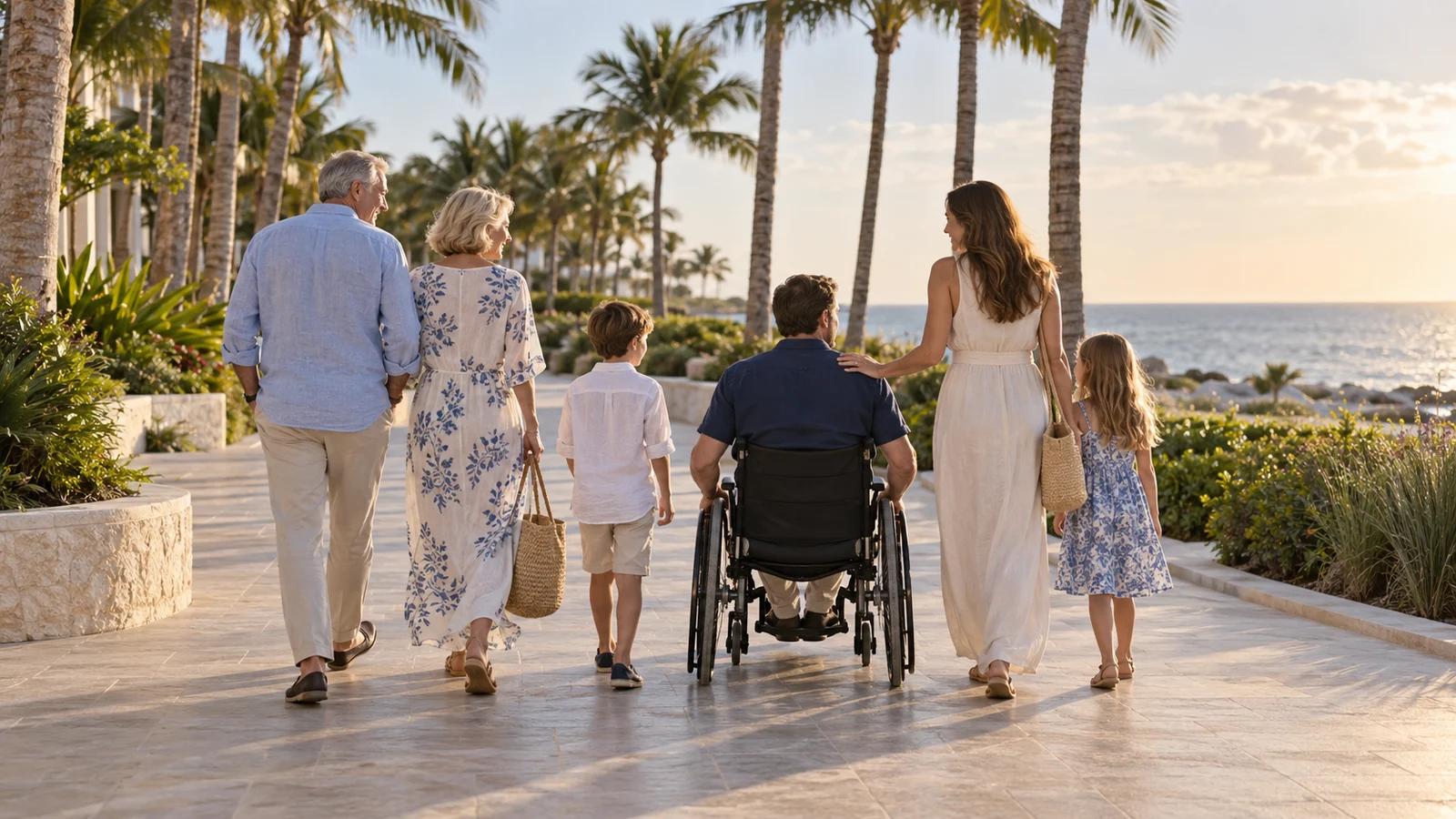 A multigenerational family using an accessible coastal walkway in Florida
