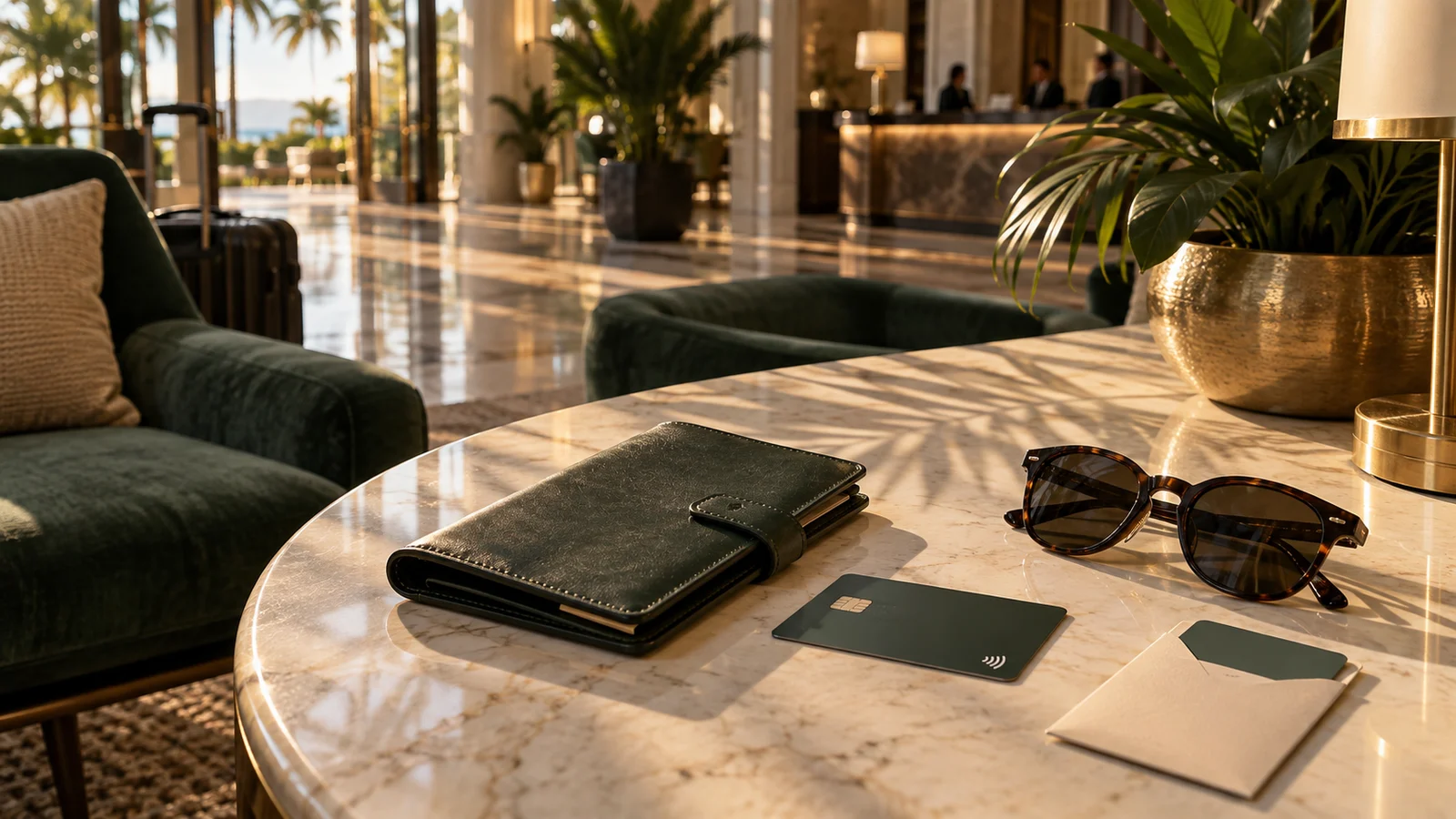 A travel wallet and unbranded payment card in a generic Florida hotel lobby