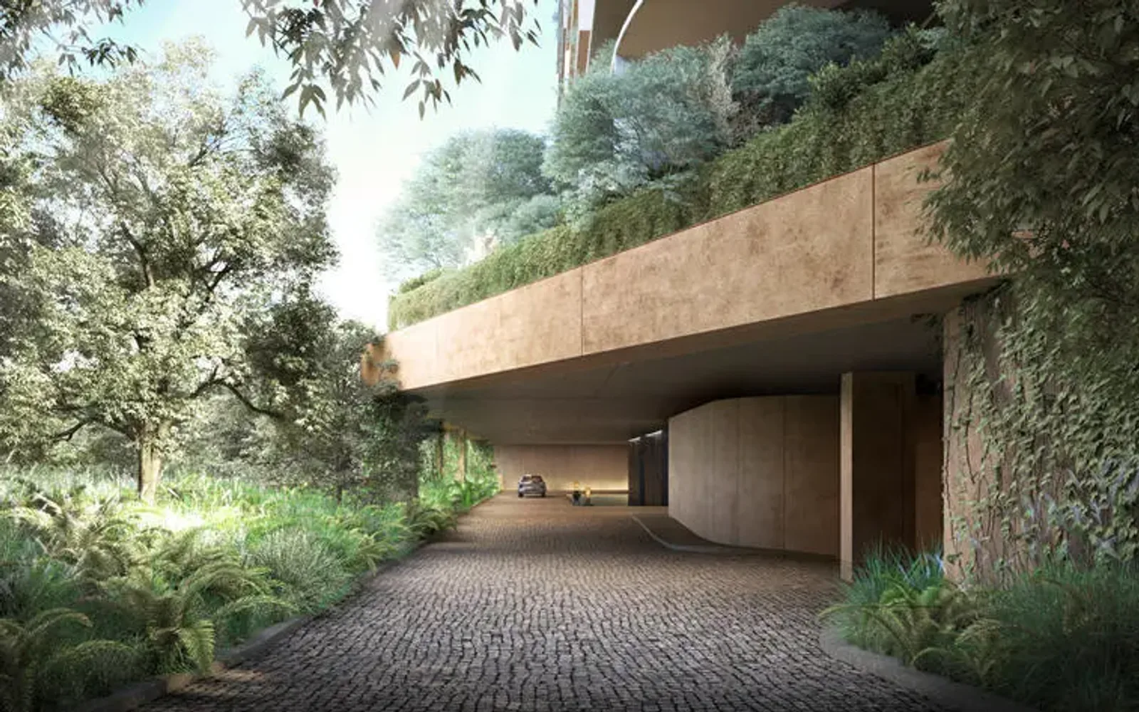 Aman Residences, Beverly Hills: modern residence entrance with cantilevered roof and natural stone, framed by mature trees.