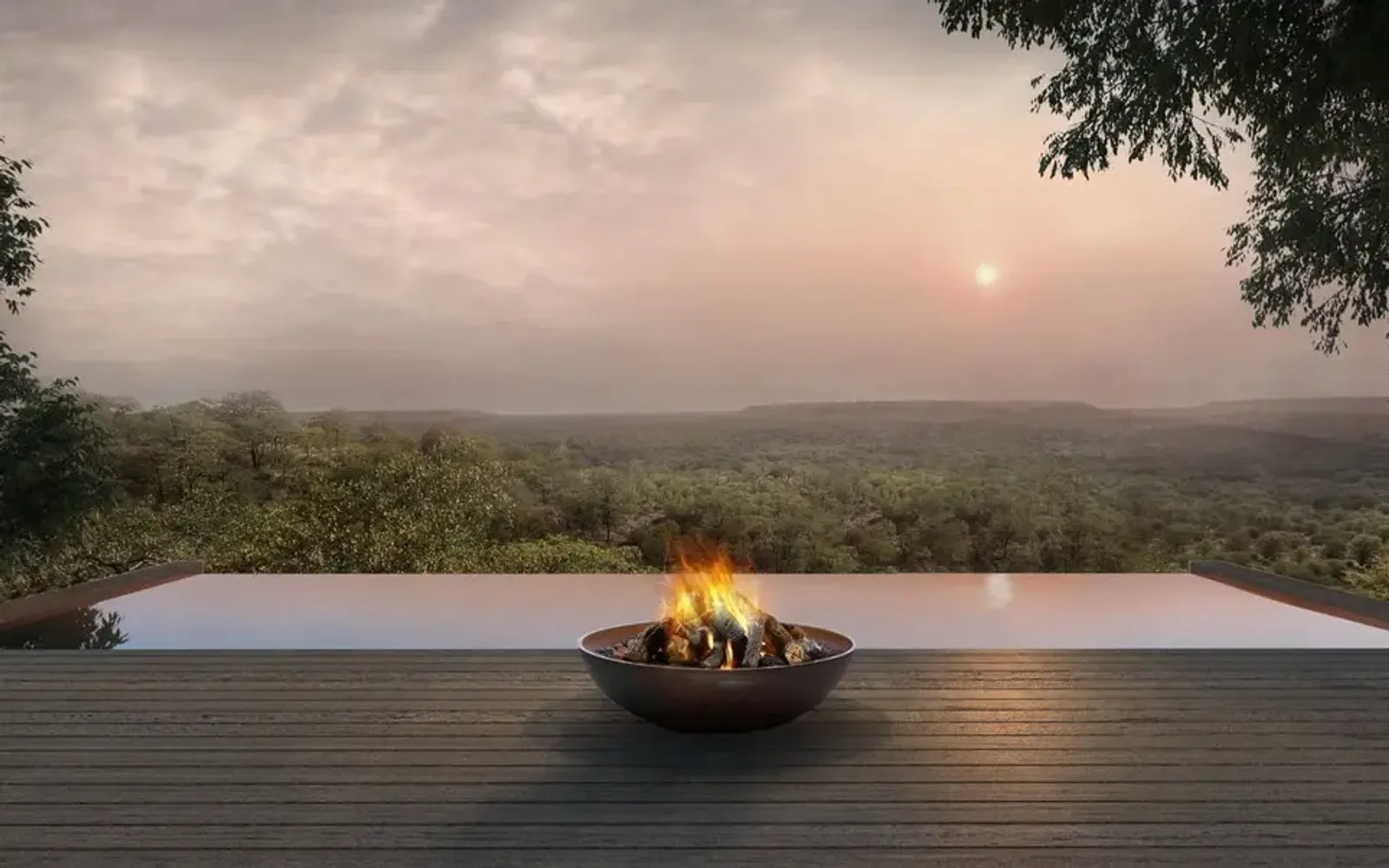 Rendering of Aman Karingani's infinity pool overlooking Mozambique's landscape at dusk.