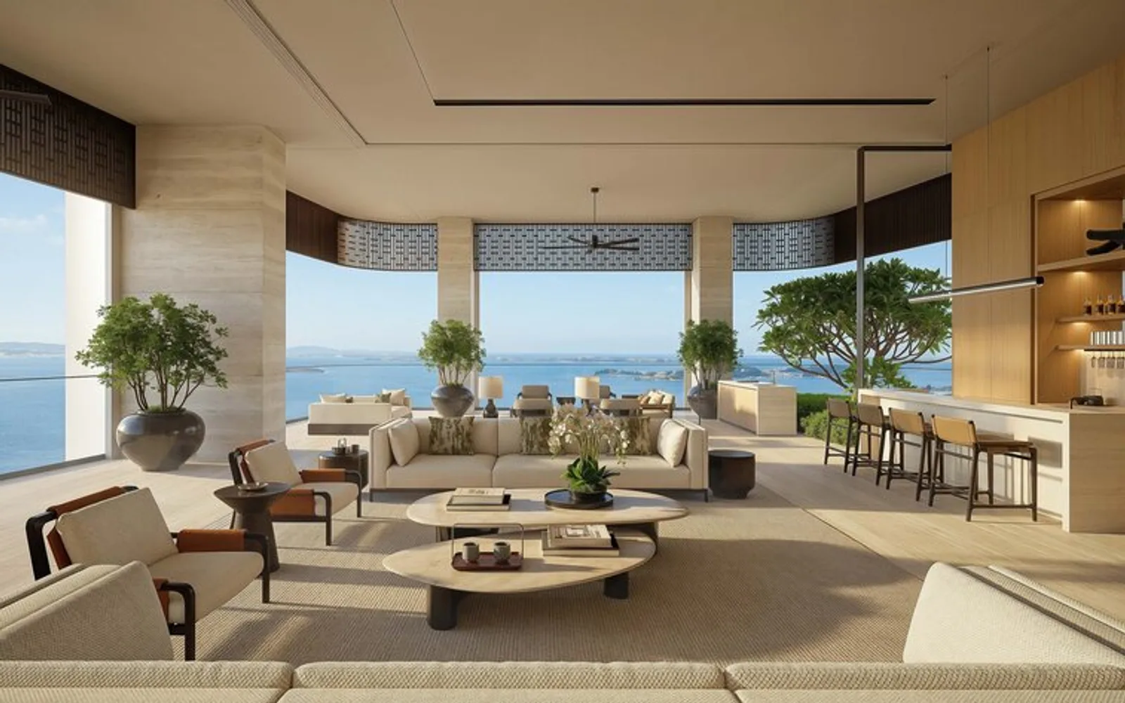 Sky villa living room at Aman Residences Singapore with panoramic city views and contemporary furnishings.