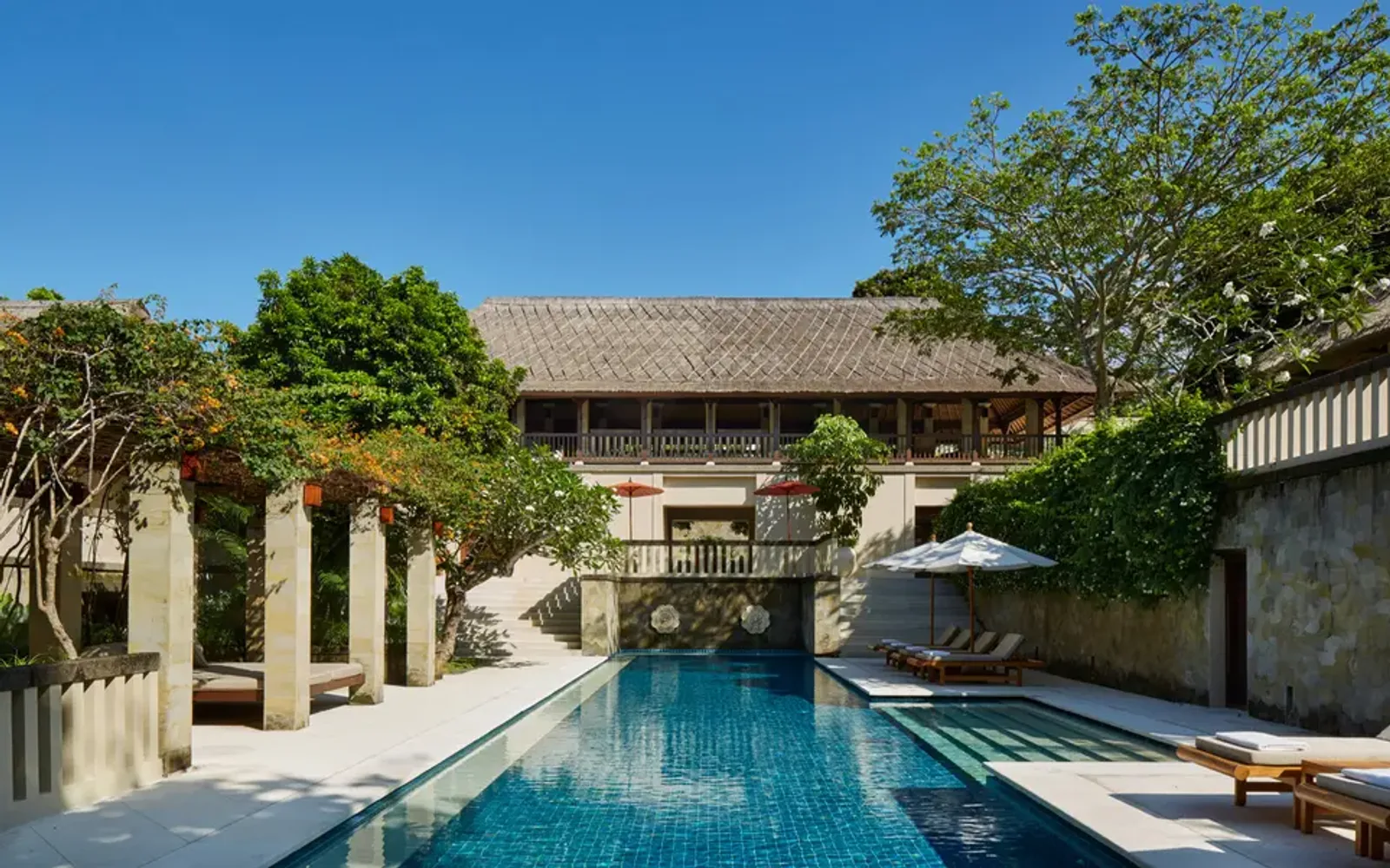 Three-bedroom villa with swimming pool and garden at Aman Villas at Nusa Dua, Bali.