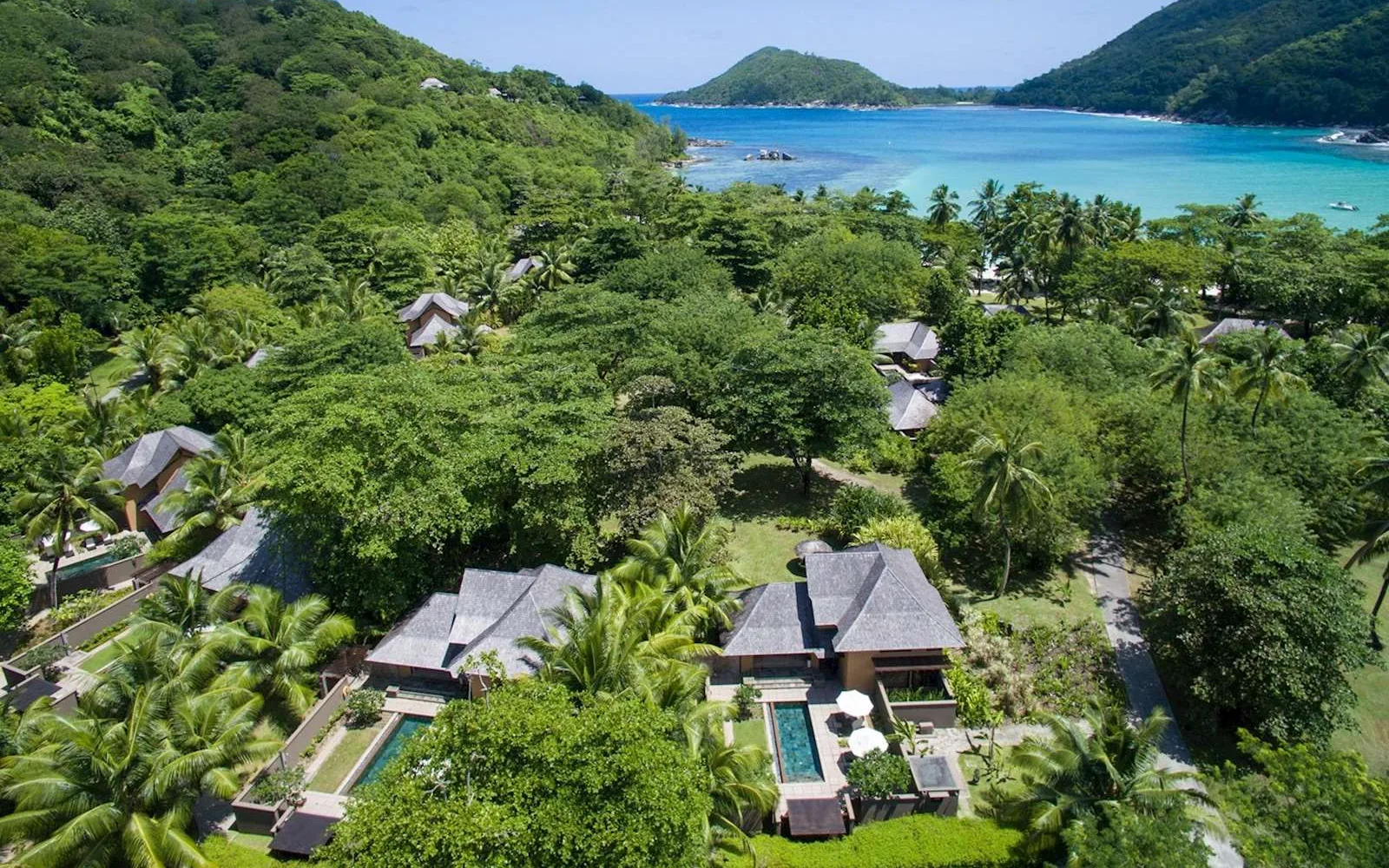 Aerial view of Constance Ephelia among tropical forest on Mahé.