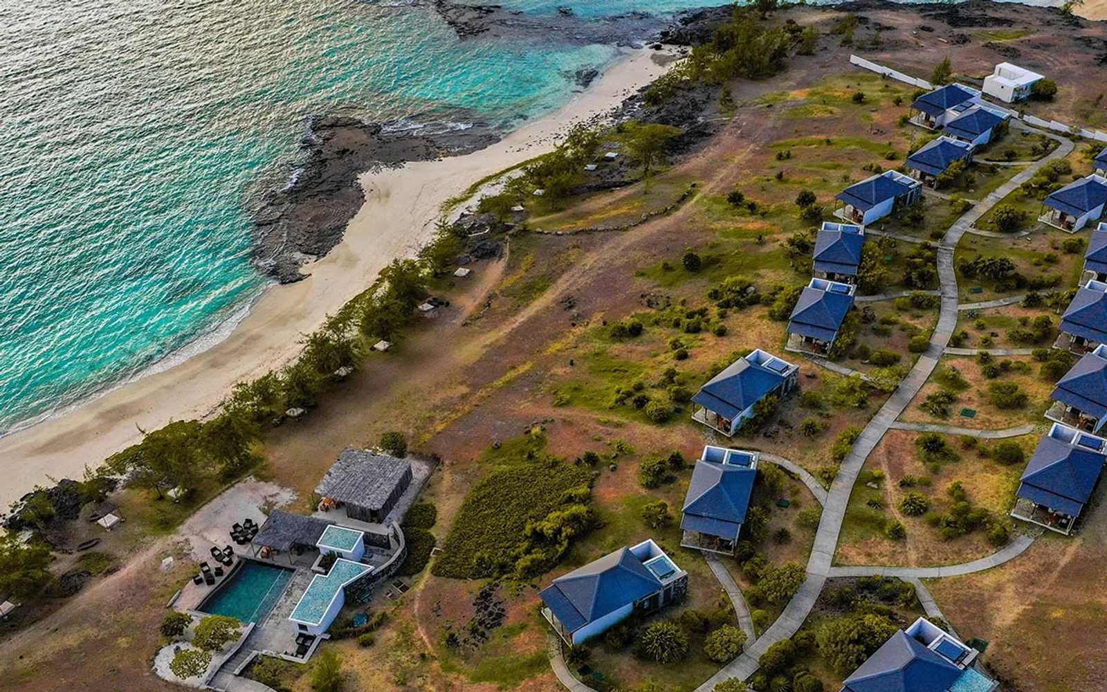 Aerial view of Constance Tekoma beside the Rodrigues lagoon.