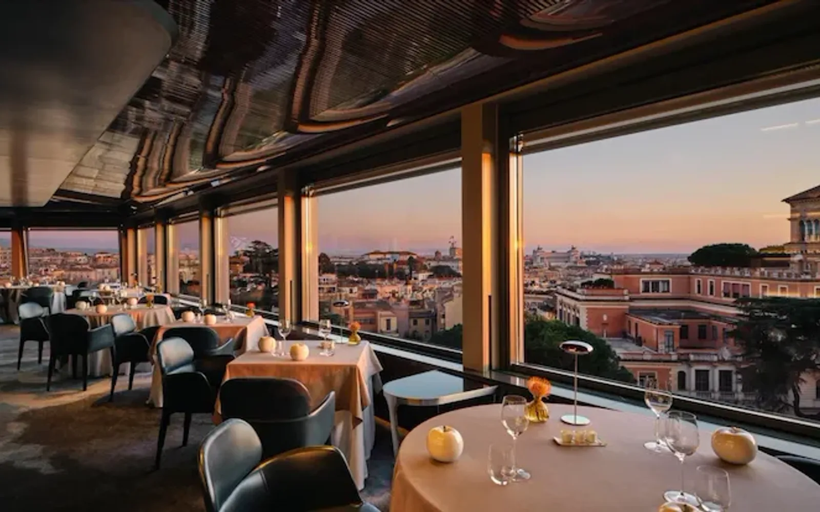 Panoramic view of La Terrazza rooftop restaurant at sunset
