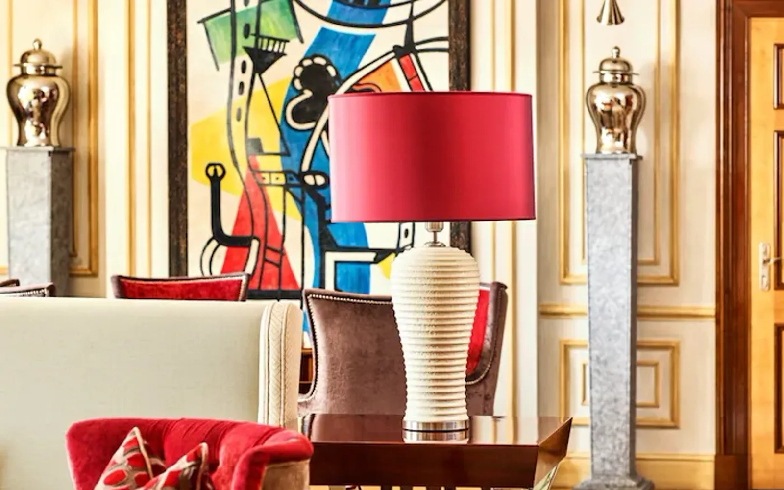 Pink armchair and lamp in Imperial Executive Suite at Hotel Principe Di Savoia, Milan