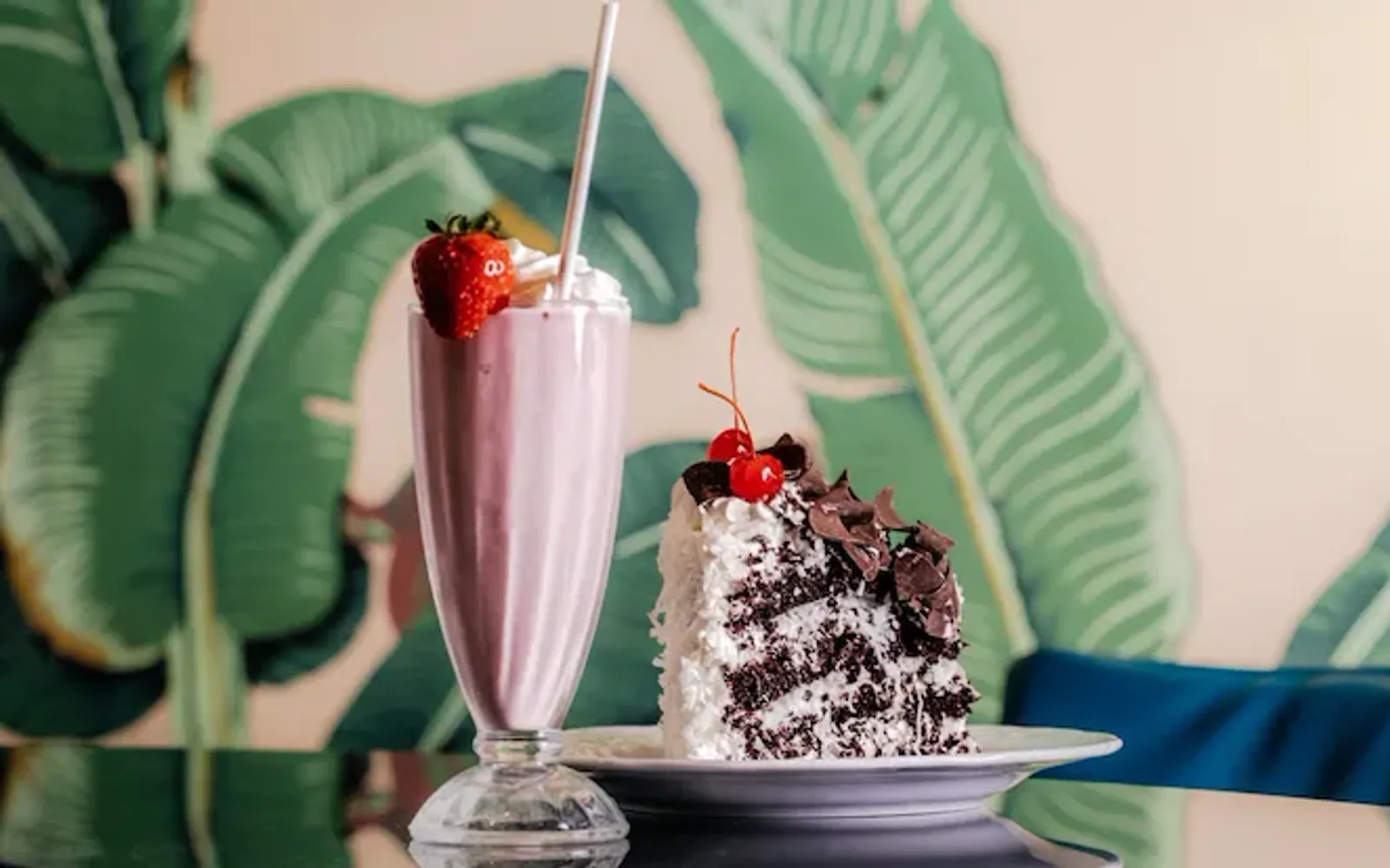 Coconut Cake and Strawberry Milkshake from the Fountain Coffee Room at The Beverly Hills Hotel