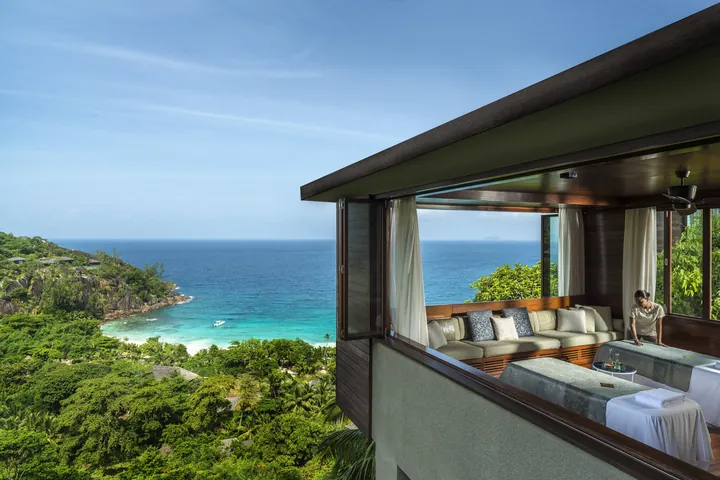 Spa treatment pavilion overlooking Petite Anse at Four Seasons Resort Seychelles