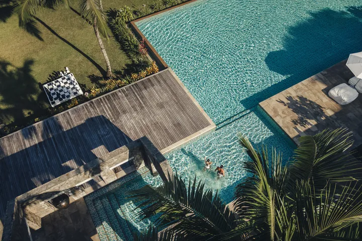 Aerial view of the resort swimming pool at Four Seasons Resort Seychelles