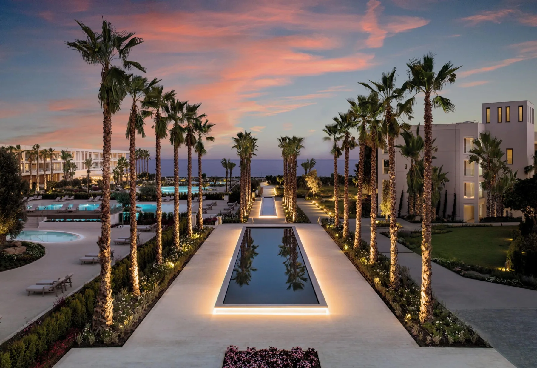 The palm-lined boulevard at Ikos Andalusia at sunset
