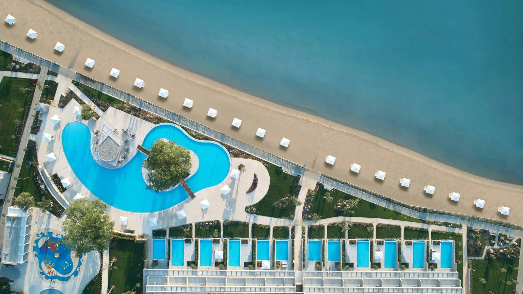 The pools and beach at Ikos Dassia on Corfu, Greece