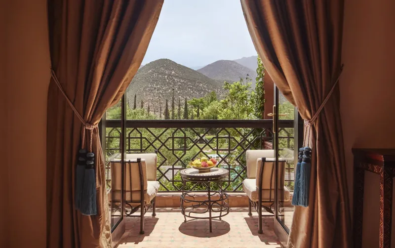 Mountain-facing balcony at Kasbah Tamadot