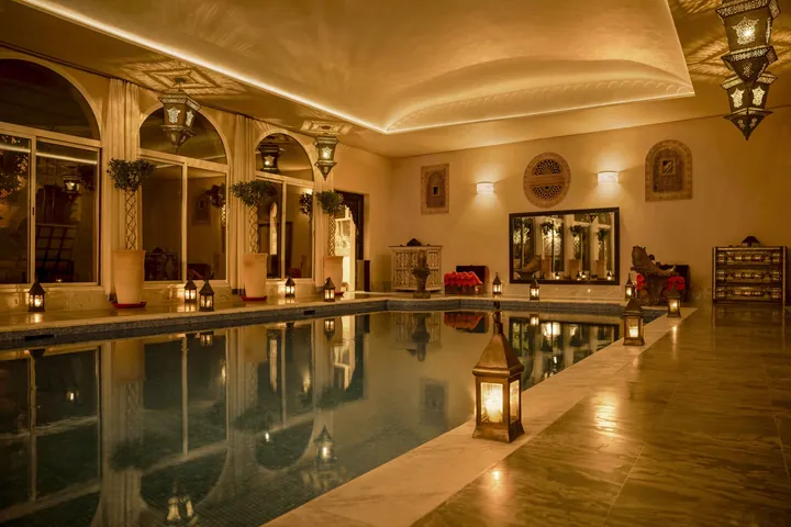 The candlelit indoor spa pool at Kasbah Tamadot