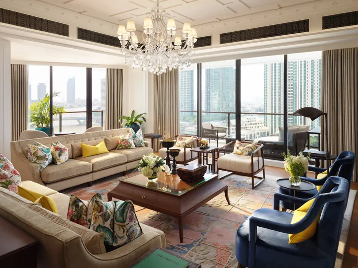 Oriental Suite living room overlooking the river at Mandarin Oriental, Bangkok