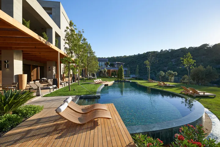 Pool and sun deck beside the wellness pavilion at Mandarin Oriental, Bodrum