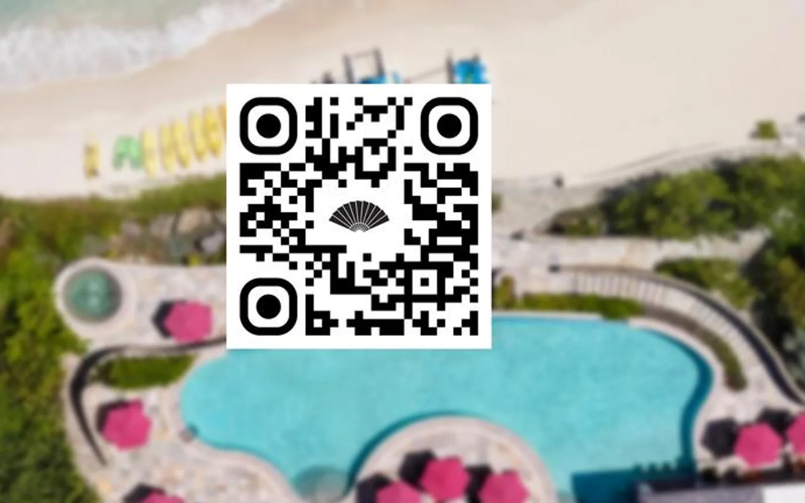 An image of a QR code over a blurred background of a pool.