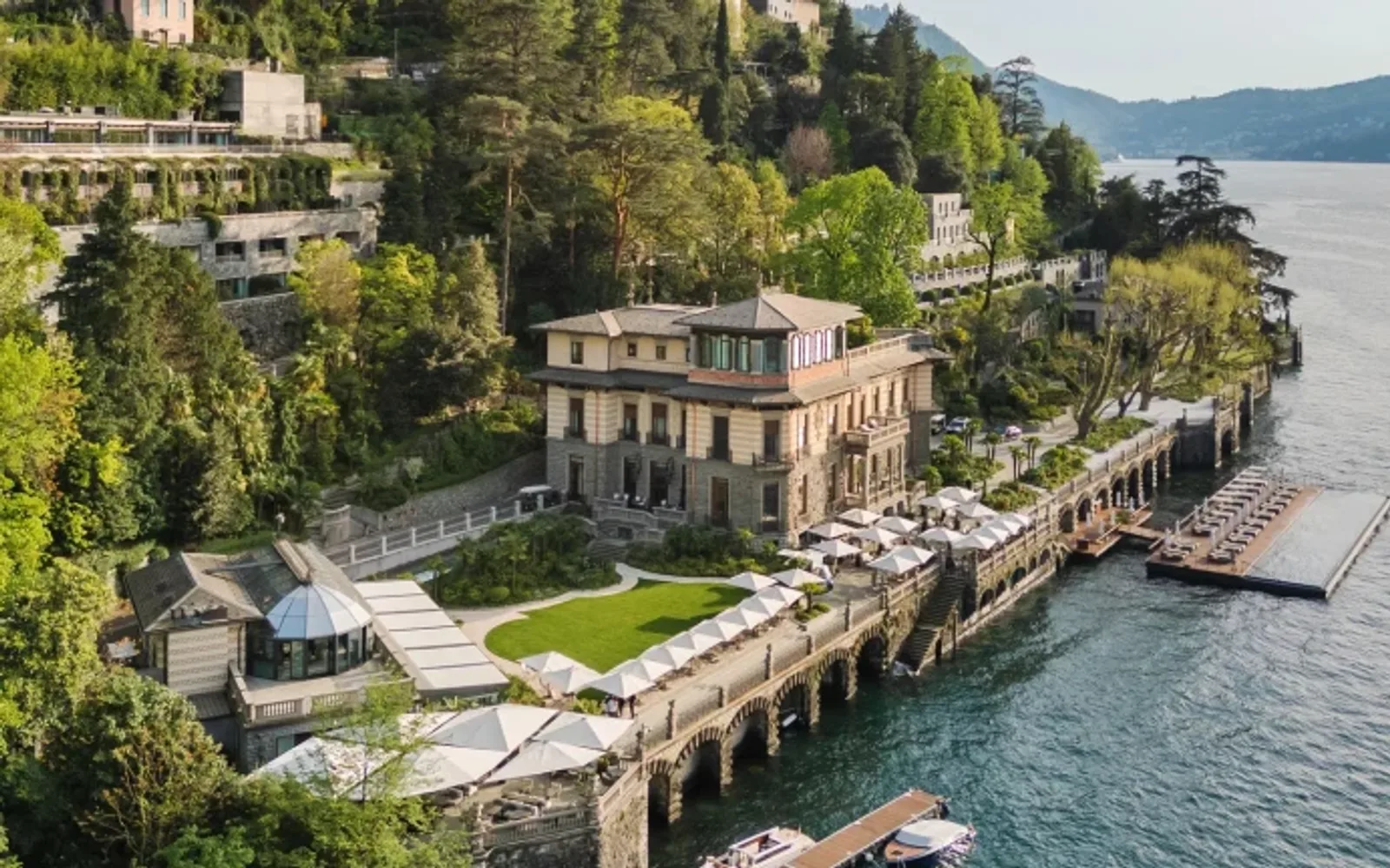 Aerial view of Mandarin Oriental Lago di Como with lakeside terraces and gardens
