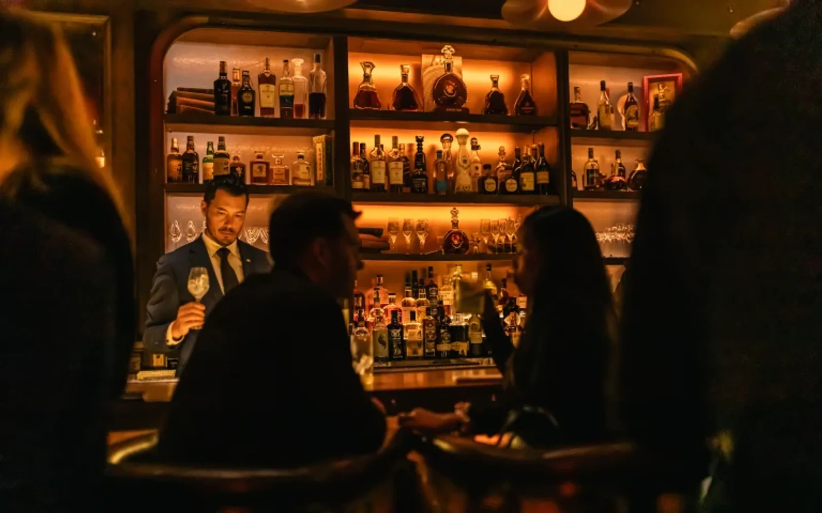 A side angle view of a dark bar