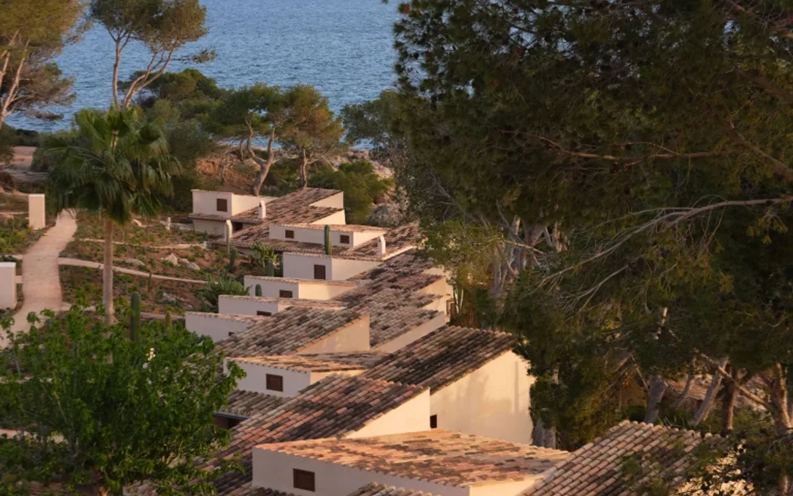 Elevated garden and sea view of hillside casitas at Mandarin Oriental Punta Negra Mallorca, featuring traditional Mediterranean tiled roofs, winding pathways, native pine trees, and the blue Mediterranean Sea in the background.
