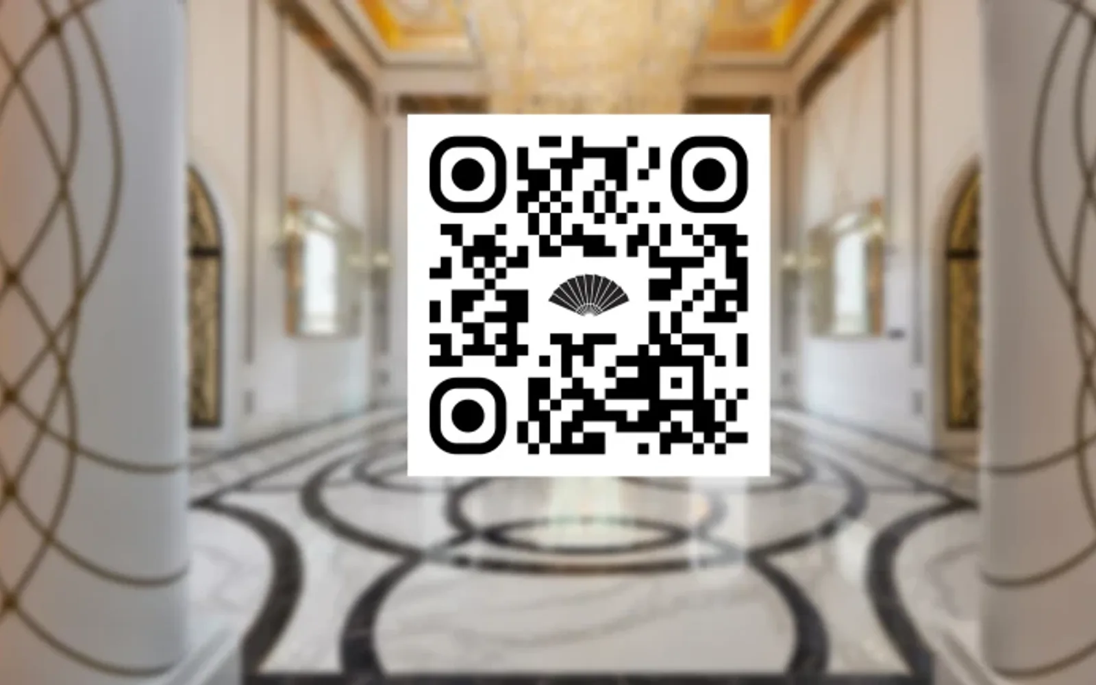 A front desk agent escorts a business traveler to assist him at the lobby of Mandarin Oriental, Taipei. with QR code