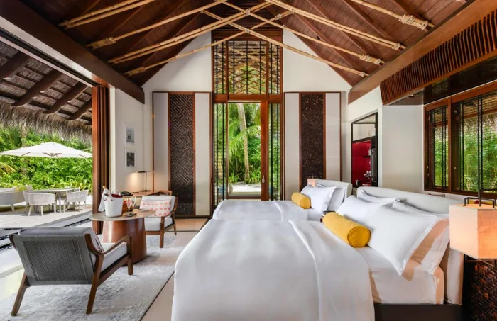 Beach Villa With Pool queen-bedroom interior at One&Only Reethi Rah
