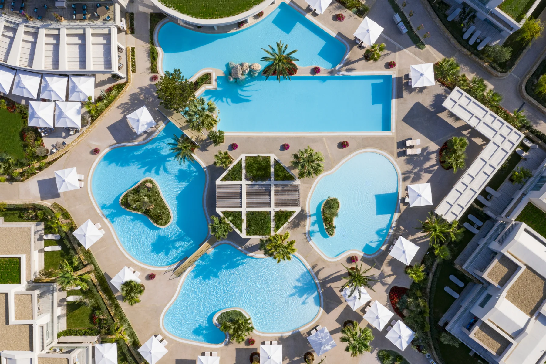 Aerial view of the lagoon-style pools at Porto Sani