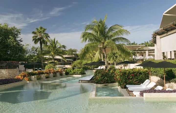 Casa del Lago swimming pool and palm-lined terraces at Rosewood Mayakoba
