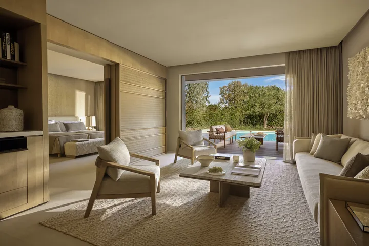 Living area of a Three Bedroom Villa with Private Pool, Garden View, at Sani Asterias