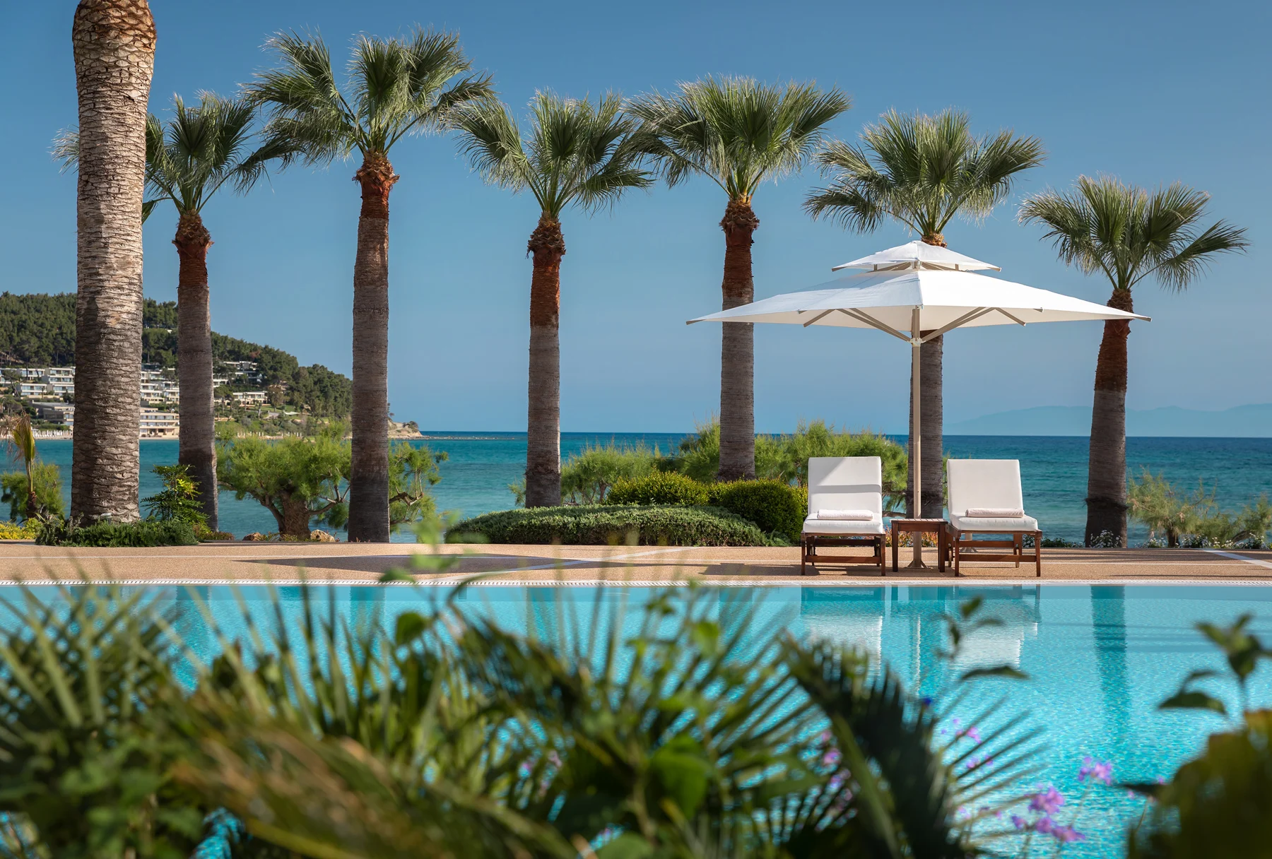 Main pool and sea view at Sani Beach