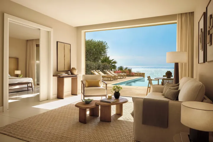 Living area and private pool of a Two Bedroom Bungalow Suite, Beach Front, at Sani Club