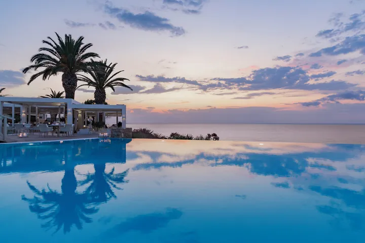 Lounge Bar and restaurant at Sani Club at sunset